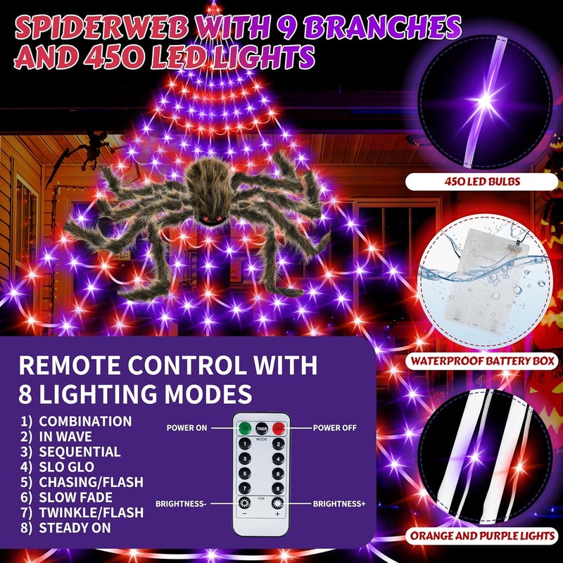 Seifar Halloween Spider Web Lights Giant Spider, 16.4Ft 450 LED Lighted Spider Web with with 8 Lighting Modes Waterproof & Timer for Indoor Outdoor House Haunted Yard Decor,Purple&Orange - Image 3